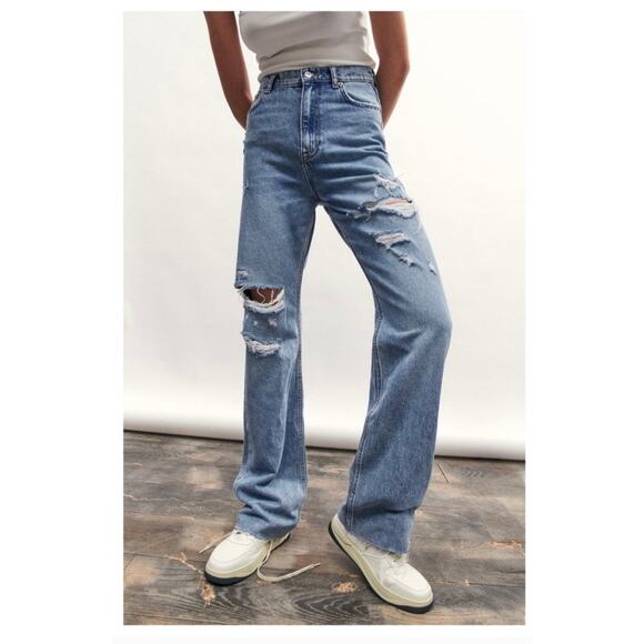 ZARA The 90's Full Length Jeans Size 8 Distressed High Rise Straight Leg - Picture 12 of 12